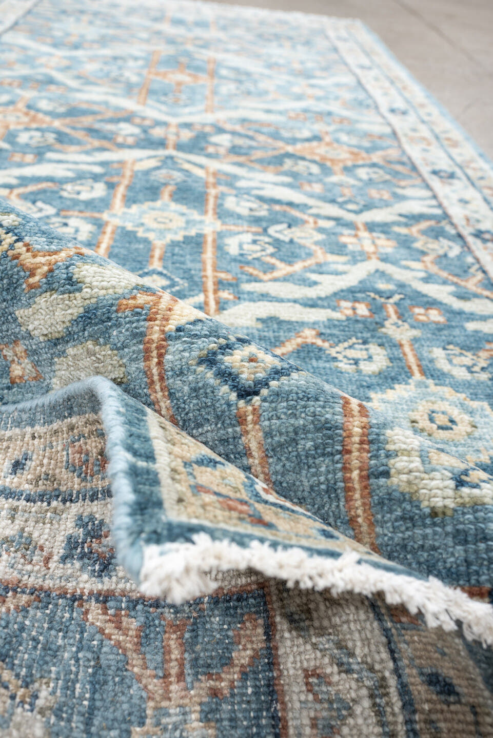 3' x 8' one-of-a-kind handmade vintage Malayer runner rug. Color palette: blue, ivory, terracotta, navy, cream, camel, brown