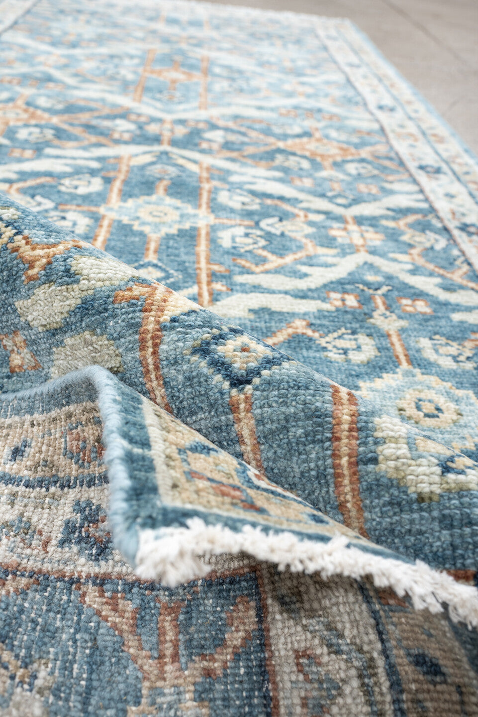 3' x 8' one-of-a-kind handmade vintage Malayer runner rug. Color palette: blue, ivory, terracotta, navy, cream, camel, brown