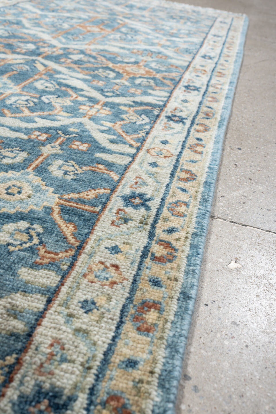 3' x 8' one-of-a-kind handmade vintage Malayer runner rug. Color palette: blue, ivory, terracotta, navy, cream, camel, brown
