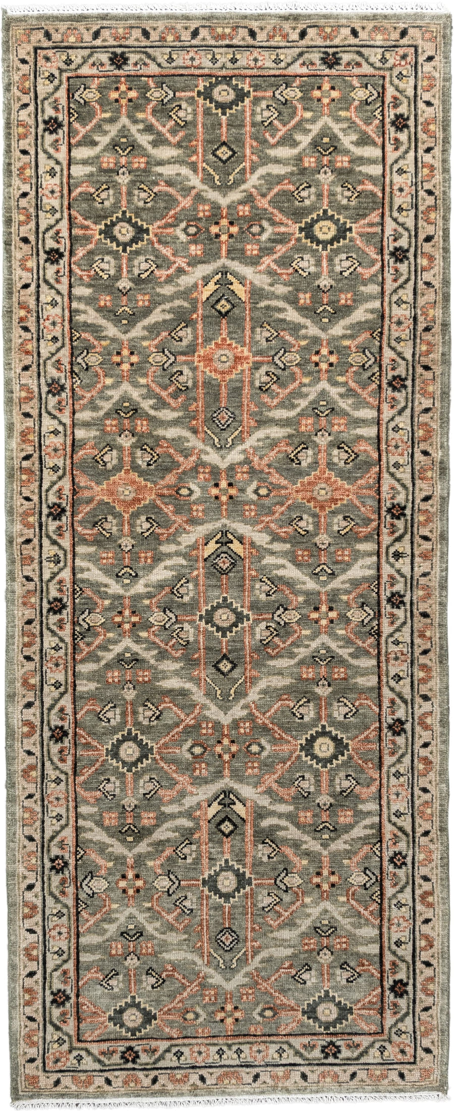 3' x 7' one-of-a-kind handmade vintage Malayer runner rug. Color palette: sage gray, ivory, terracotta, charcoal, taupe
