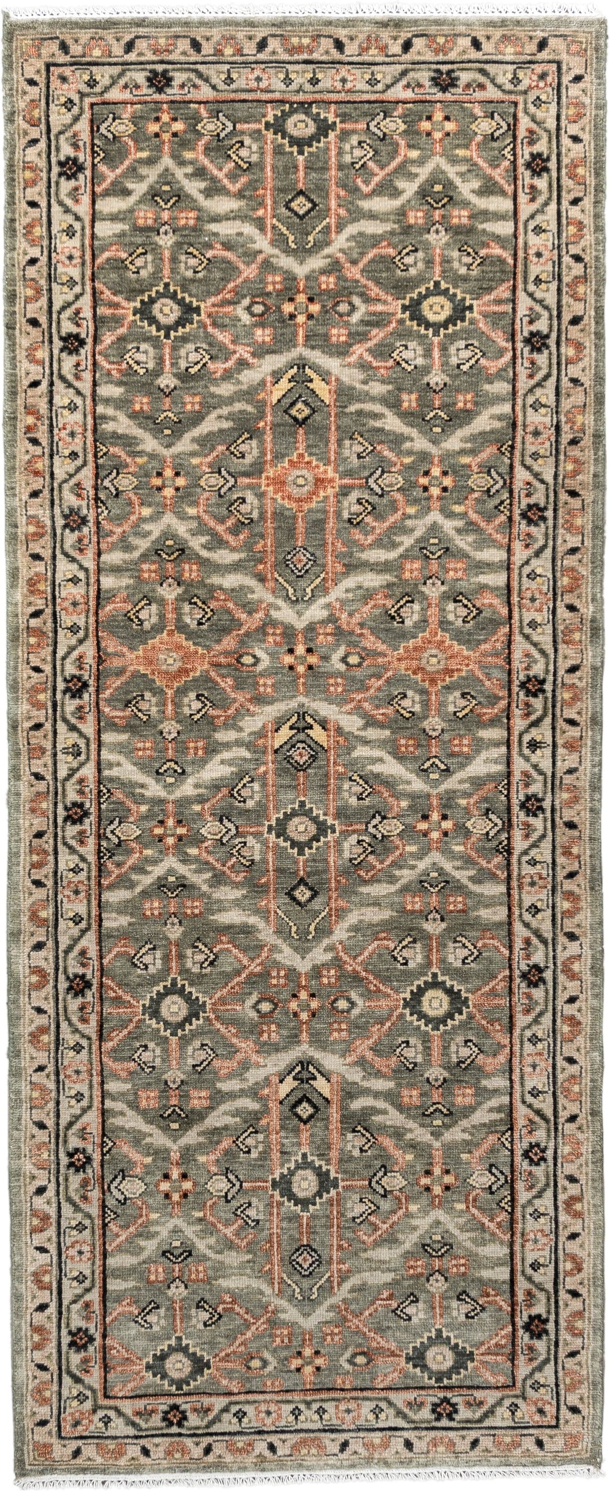 3' x 7' one-of-a-kind handmade vintage Malayer runner rug. Color palette: sage gray, ivory, terracotta, charcoal, taupe