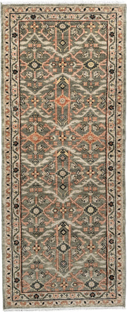 3' x 7' one-of-a-kind handmade vintage Malayer runner rug. Color palette: sage gray, ivory, terracotta, charcoal, taupe