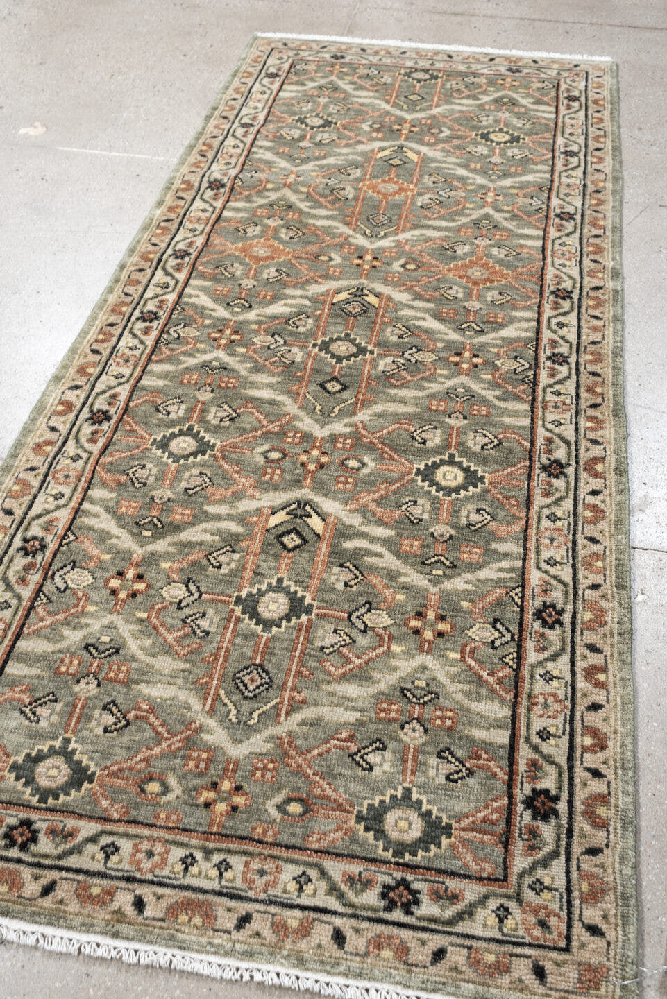 3' x 7' one-of-a-kind handmade vintage Malayer runner rug. Color palette: sage gray, ivory, terracotta, charcoal, taupe