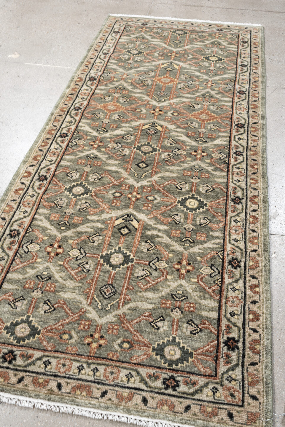 3' x 7' one-of-a-kind handmade vintage Malayer runner rug. Color palette: sage gray, ivory, terracotta, charcoal, taupe