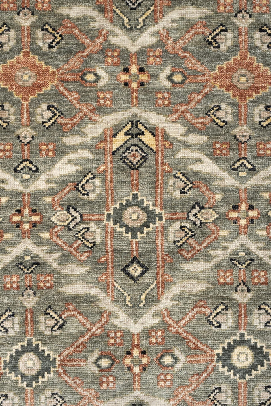 3' x 7' one-of-a-kind handmade vintage Malayer runner rug. Color palette: sage gray, ivory, terracotta, charcoal, taupe