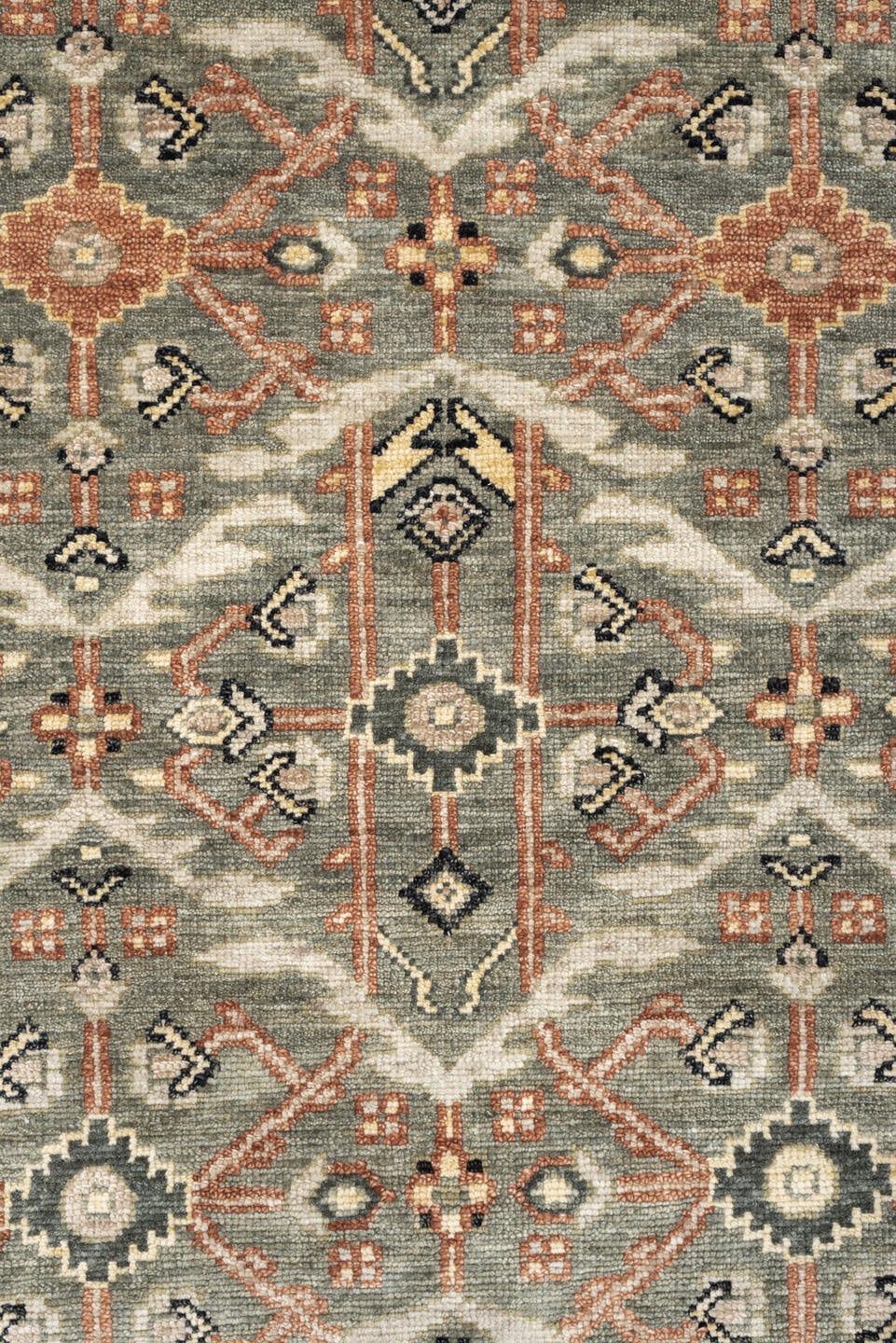 3' x 7' one-of-a-kind handmade vintage Malayer runner rug. Color palette: sage gray, ivory, terracotta, charcoal, taupe