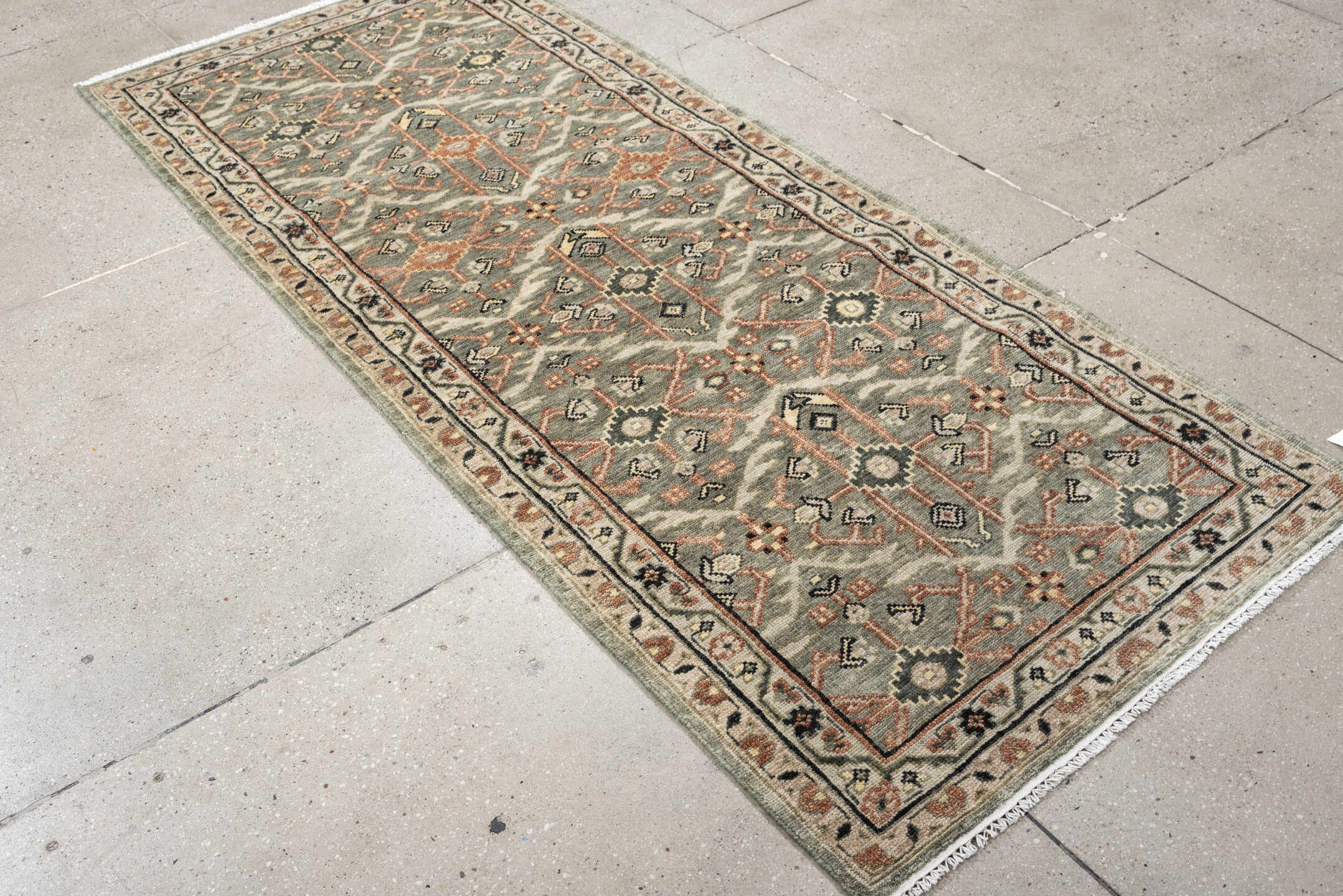 3' x 7' one-of-a-kind handmade vintage Malayer runner rug. Color palette: sage gray, ivory, terracotta, charcoal, taupe