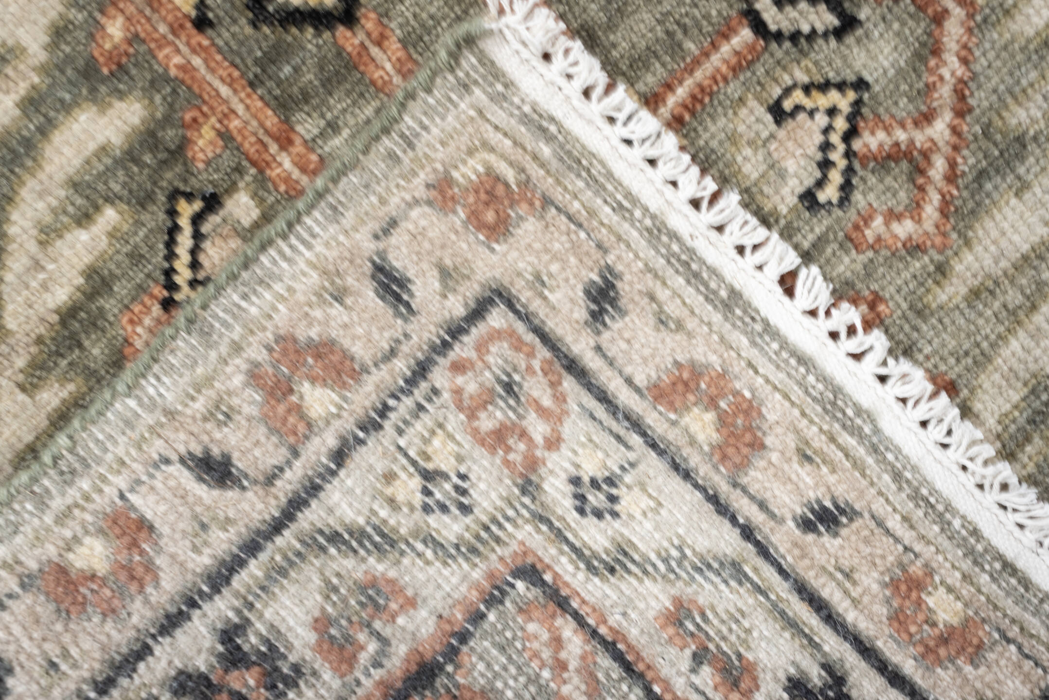 3' x 7' one-of-a-kind handmade vintage Malayer runner rug. Color palette: sage gray, ivory, terracotta, charcoal, taupe