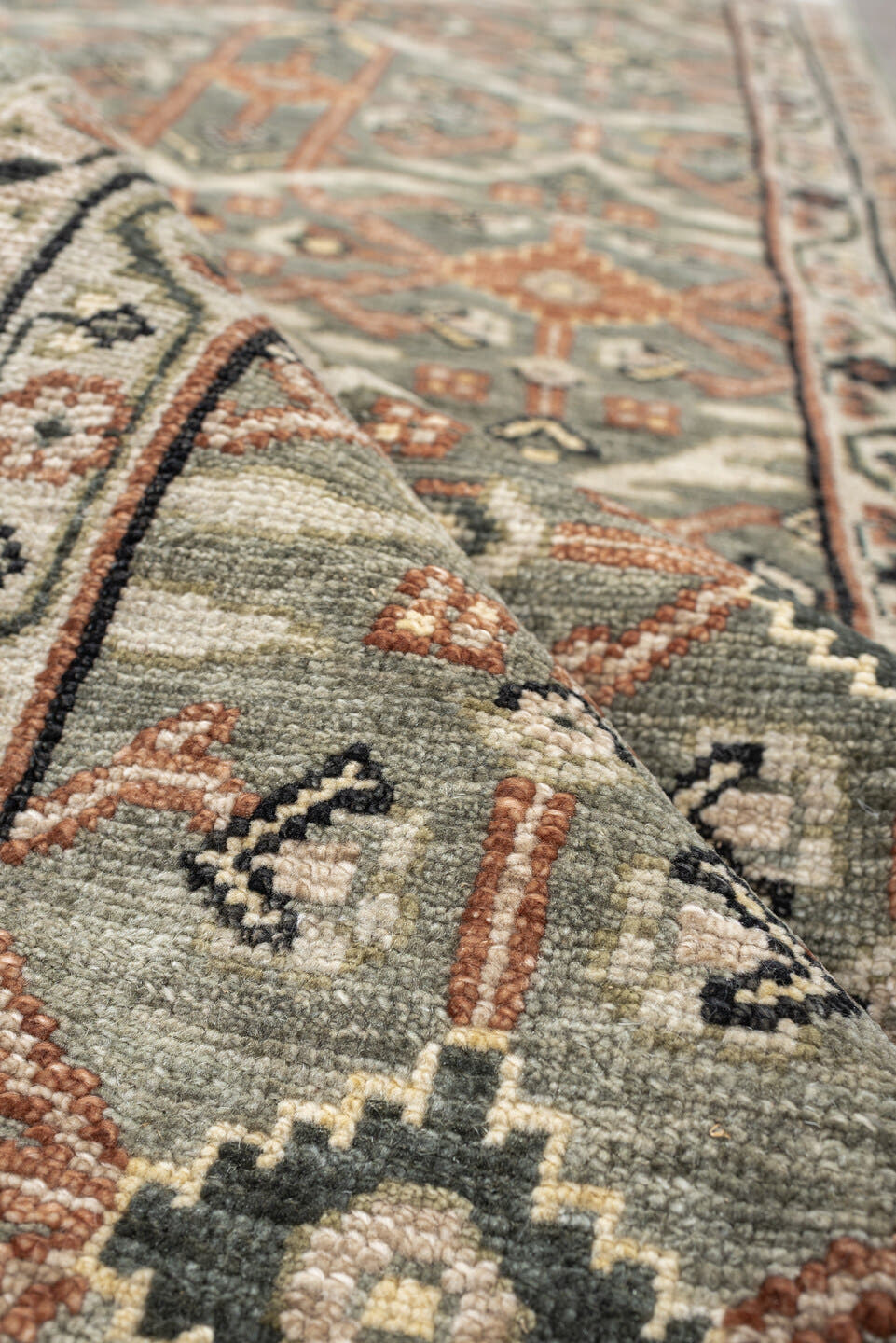 3' x 7' one-of-a-kind handmade vintage Malayer runner rug. Color palette: sage gray, ivory, terracotta, charcoal, taupe