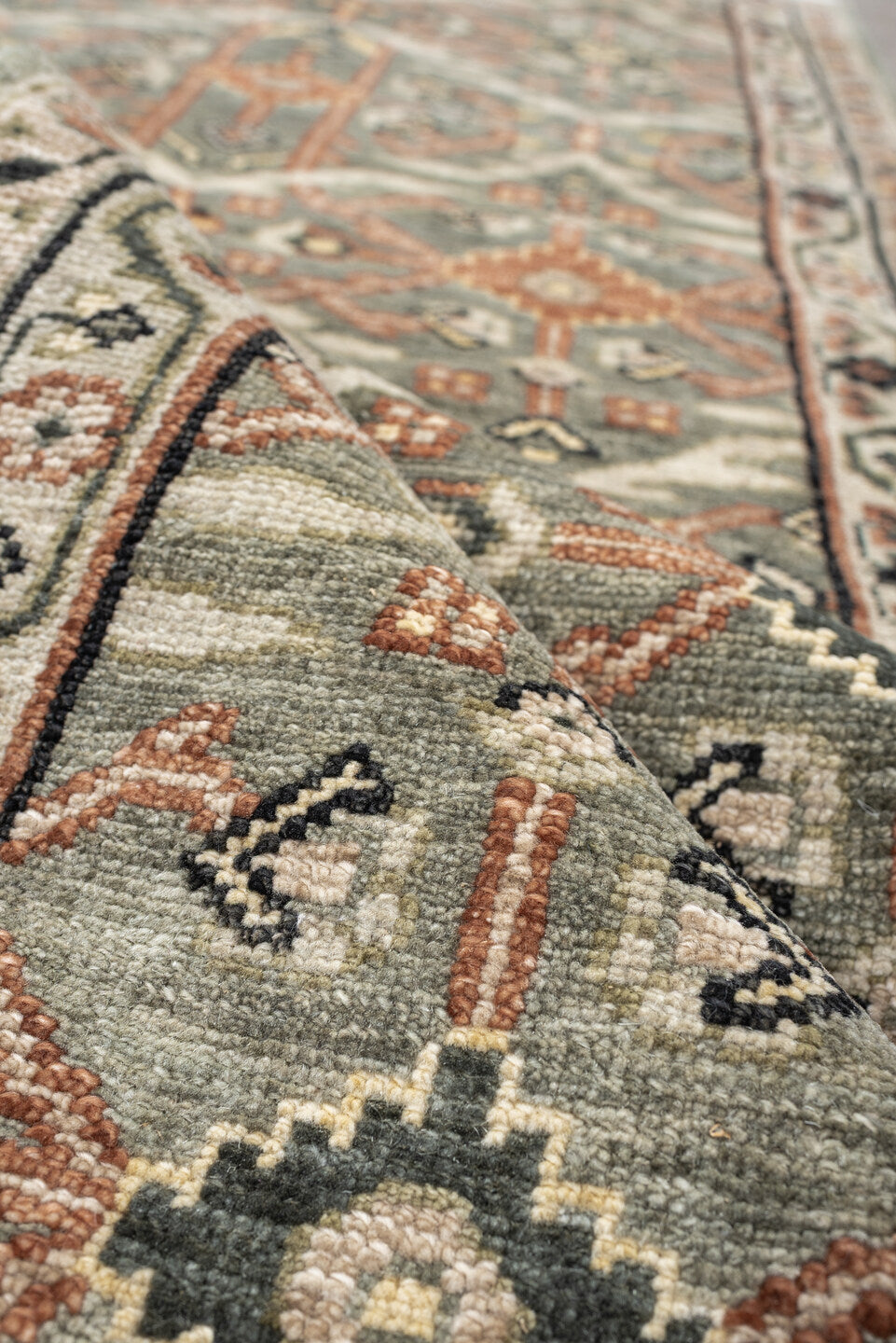 3' x 7' one-of-a-kind handmade vintage Malayer runner rug. Color palette: sage gray, ivory, terracotta, charcoal, taupe