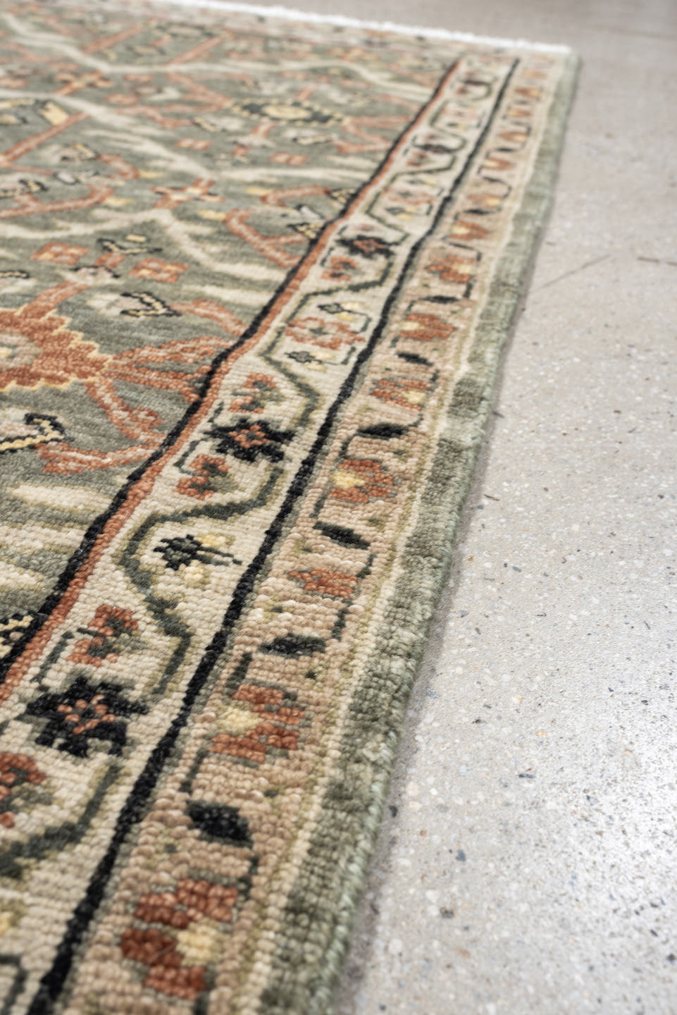 3' x 7' one-of-a-kind handmade vintage Malayer runner rug. Color palette: sage gray, ivory, terracotta, charcoal, taupe