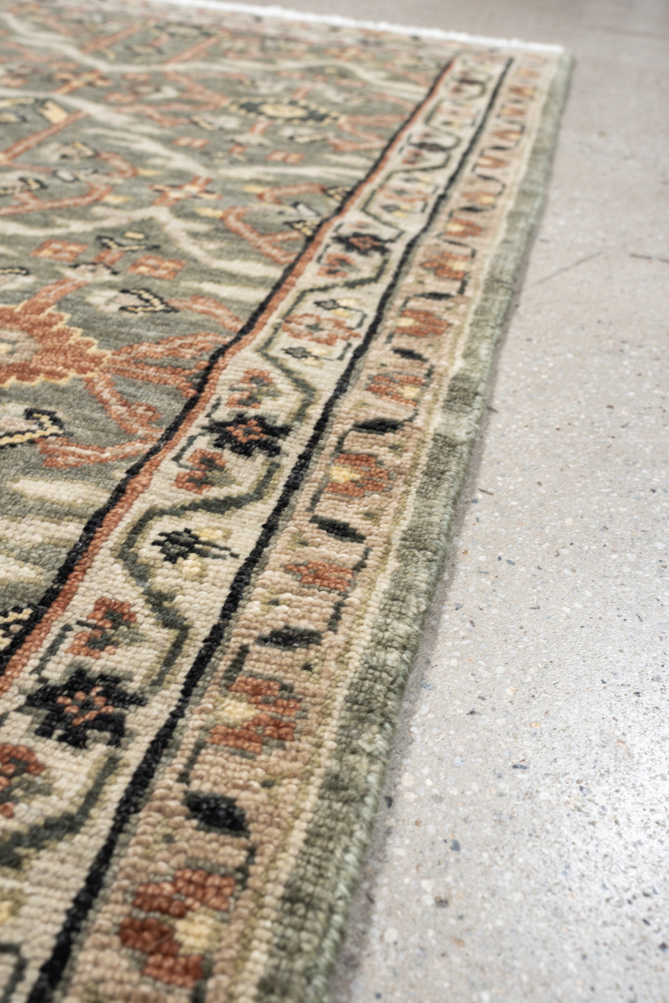 3' x 7' one-of-a-kind handmade vintage Malayer runner rug. Color palette: sage gray, ivory, terracotta, charcoal, taupe