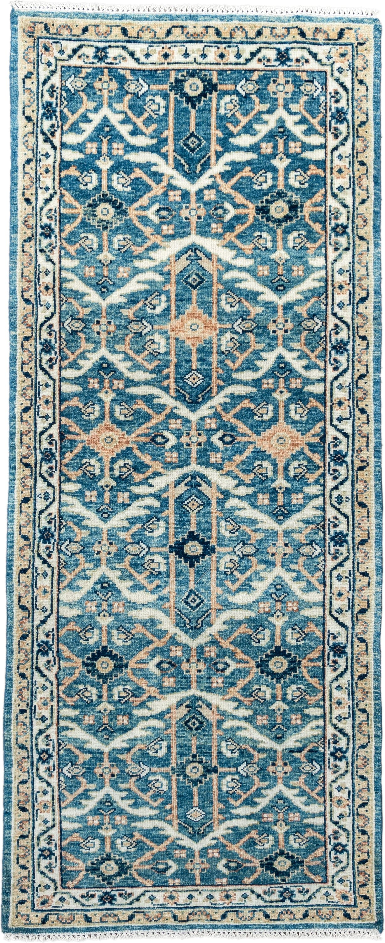 3' x 7' one-of-a-kind handmade vintage Malayer runner rug. Color palette: blue, ivory, navy, camel, cream, peach, beige
