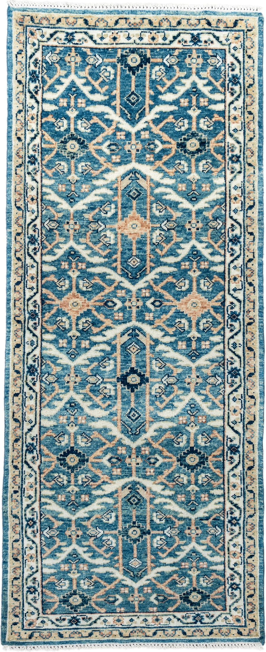 3' x 7' one-of-a-kind handmade vintage Malayer runner rug. Color palette: blue, ivory, navy, camel, cream, peach, beige