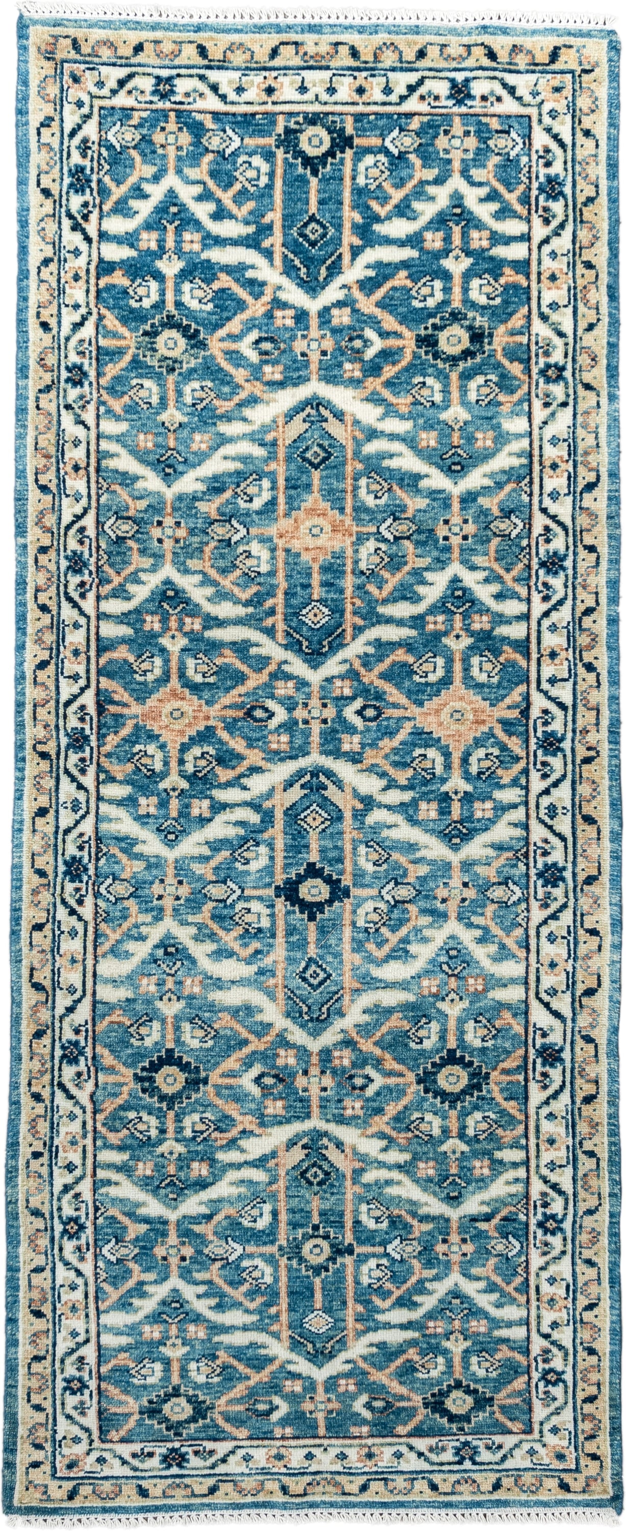 3' x 7' one-of-a-kind handmade vintage Malayer runner rug. Color palette: blue, ivory, navy, camel, cream, peach, beige
