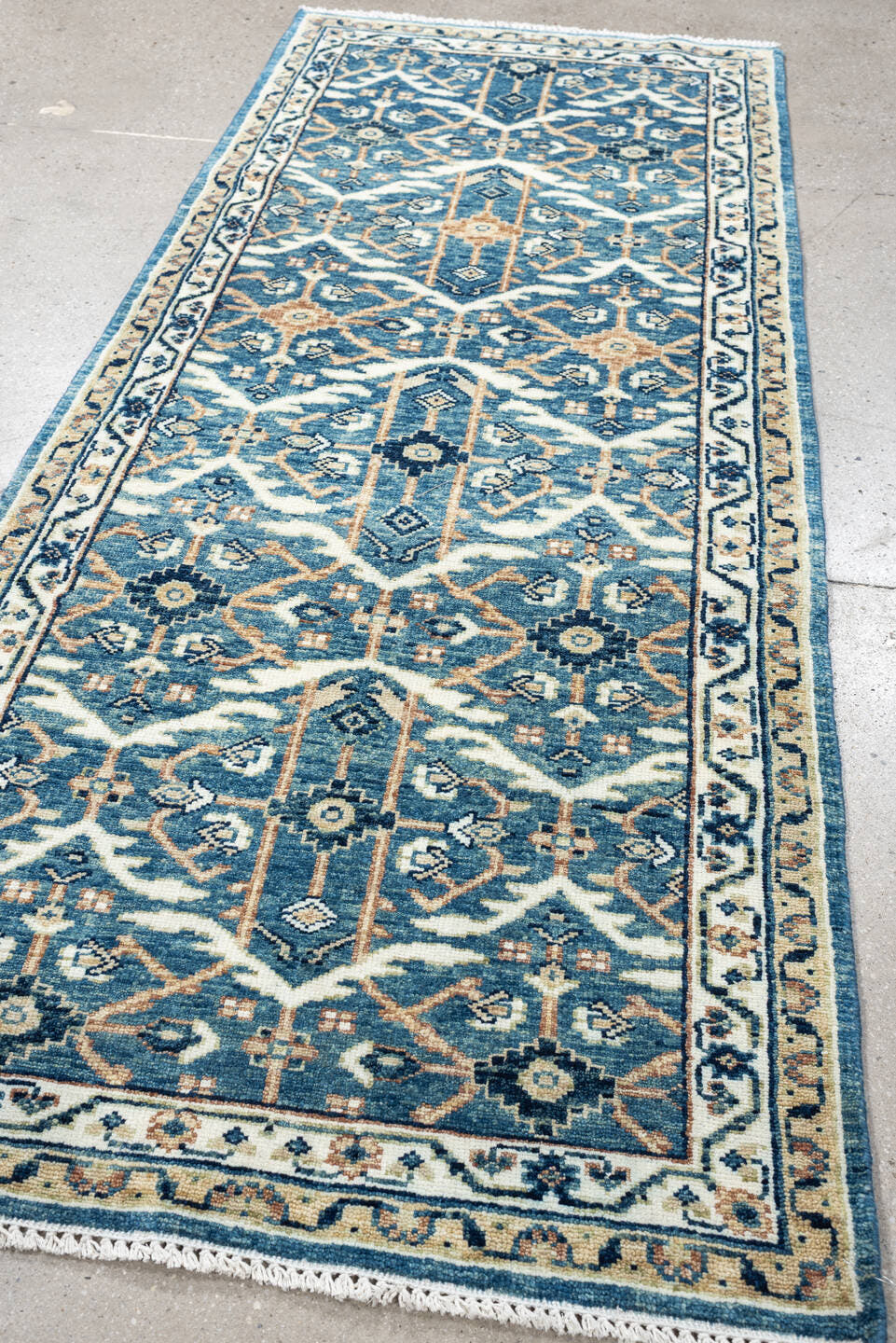 3' x 7' one-of-a-kind handmade vintage Malayer runner rug. Color palette: blue, ivory, navy, camel, cream, peach, beige