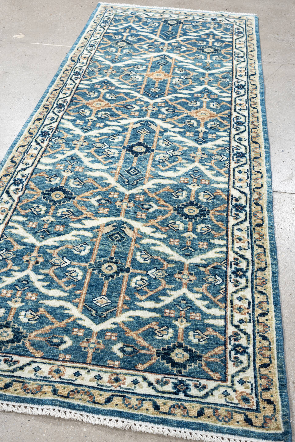 3' x 7' one-of-a-kind handmade vintage Malayer runner rug. Color palette: blue, ivory, navy, camel, cream, peach, beige