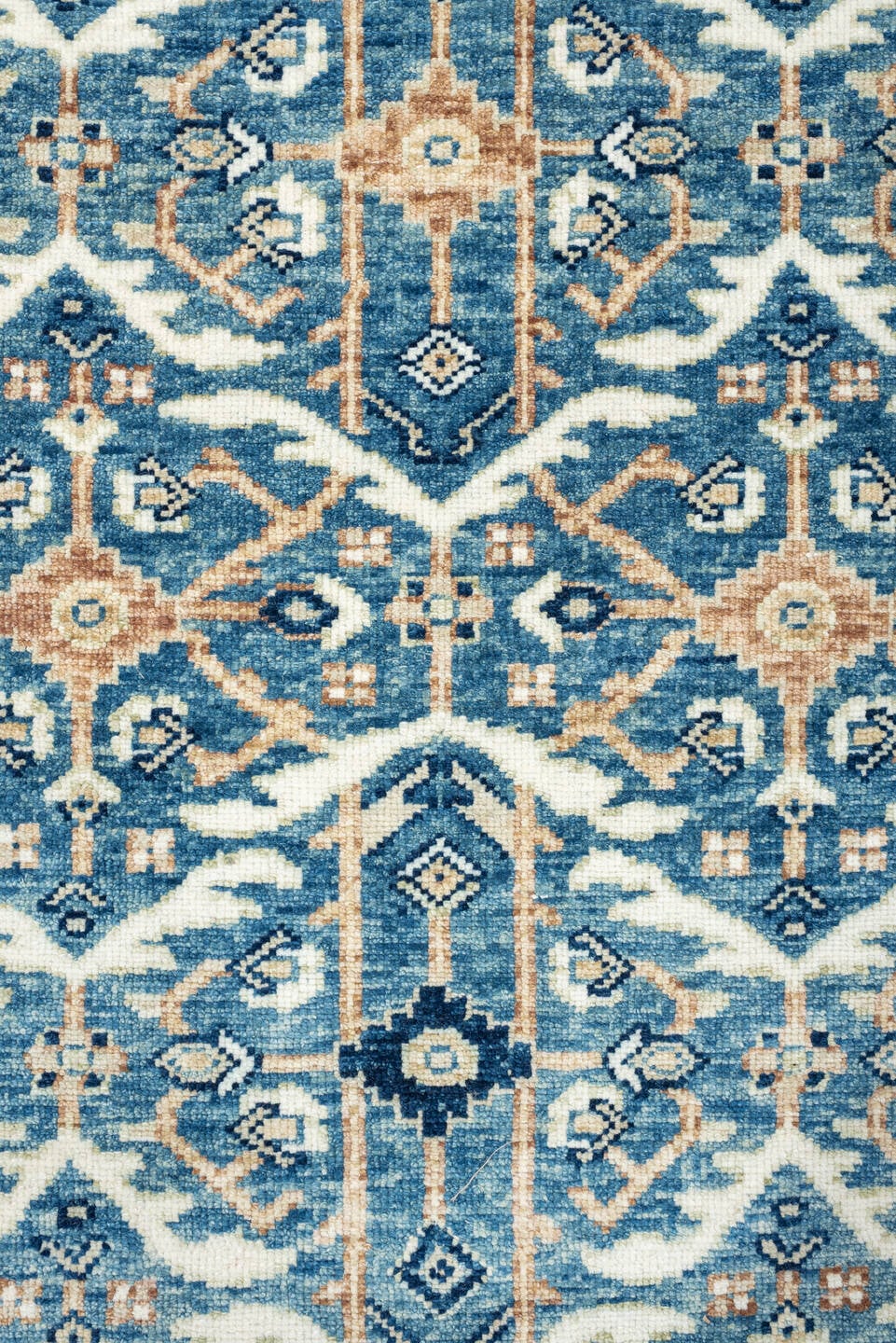 3' x 7' one-of-a-kind handmade vintage Malayer runner rug. Color palette: blue, ivory, navy, camel, cream, peach, beige