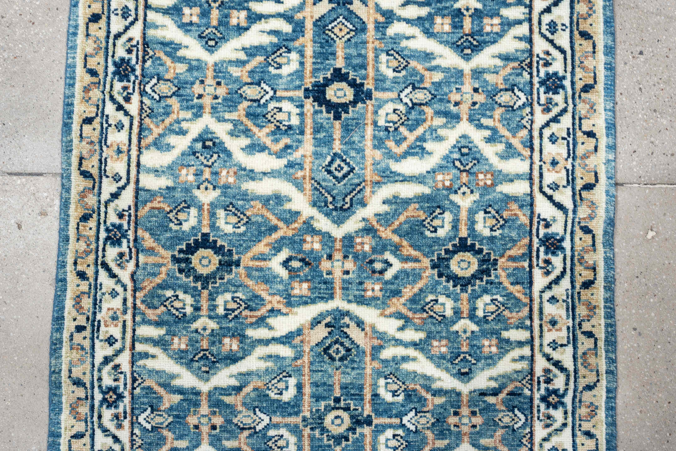 3' x 7' one-of-a-kind handmade vintage Malayer runner rug. Color palette: blue, ivory, navy, camel, cream, peach, beige