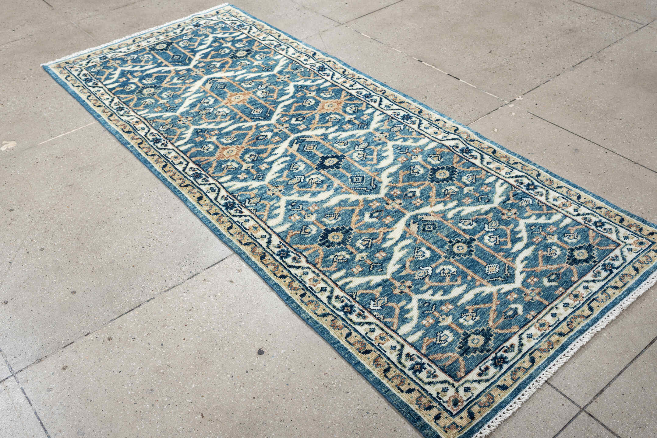 3' x 7' one-of-a-kind handmade vintage Malayer runner rug. Color palette: blue, ivory, navy, camel, cream, peach, beige