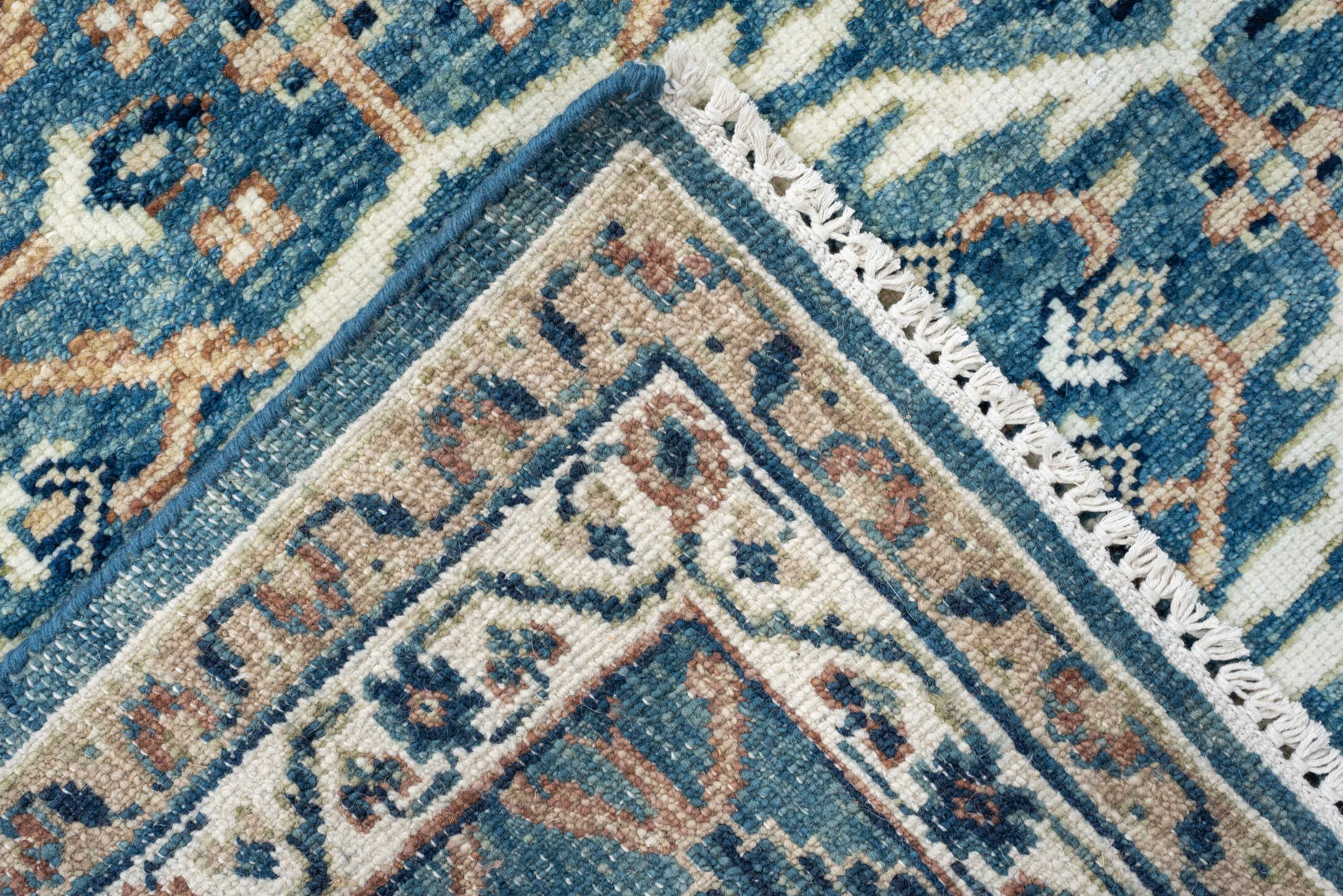 3' x 7' one-of-a-kind handmade vintage Malayer runner rug. Color palette: blue, ivory, navy, camel, cream, peach, beige