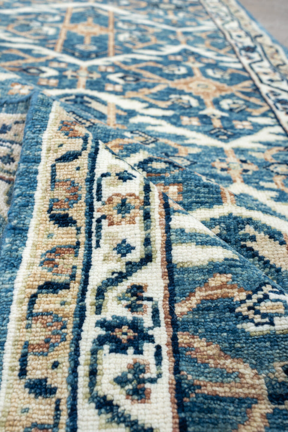 3' x 7' one-of-a-kind handmade vintage Malayer runner rug. Color palette: blue, ivory, navy, camel, cream, peach, beige