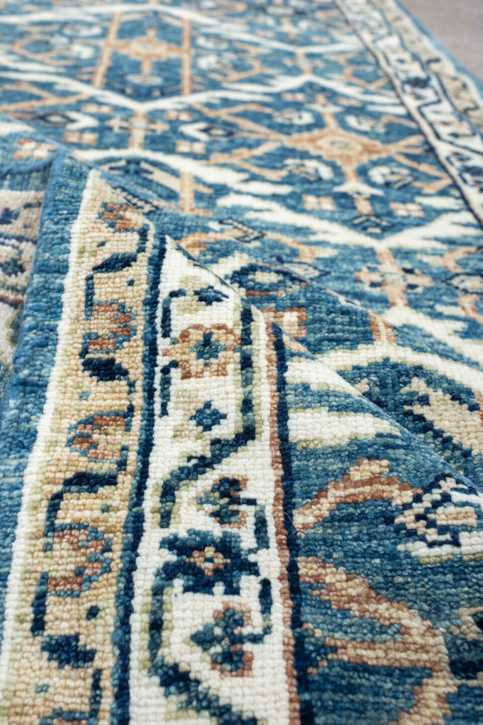 3' x 7' one-of-a-kind handmade vintage Malayer runner rug. Color palette: blue, ivory, navy, camel, cream, peach, beige