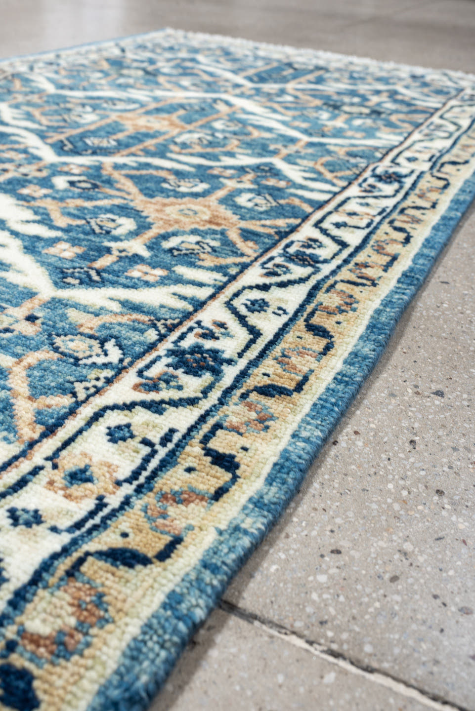 3' x 7' one-of-a-kind handmade vintage Malayer runner rug. Color palette: blue, ivory, navy, camel, cream, peach, beige