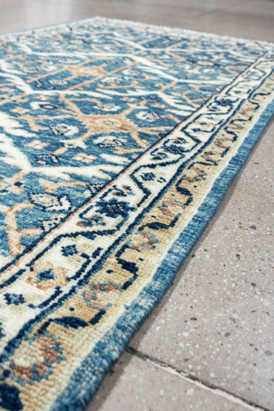 3' x 7' one-of-a-kind handmade vintage Malayer runner rug. Color palette: blue, ivory, navy, camel, cream, peach, beige