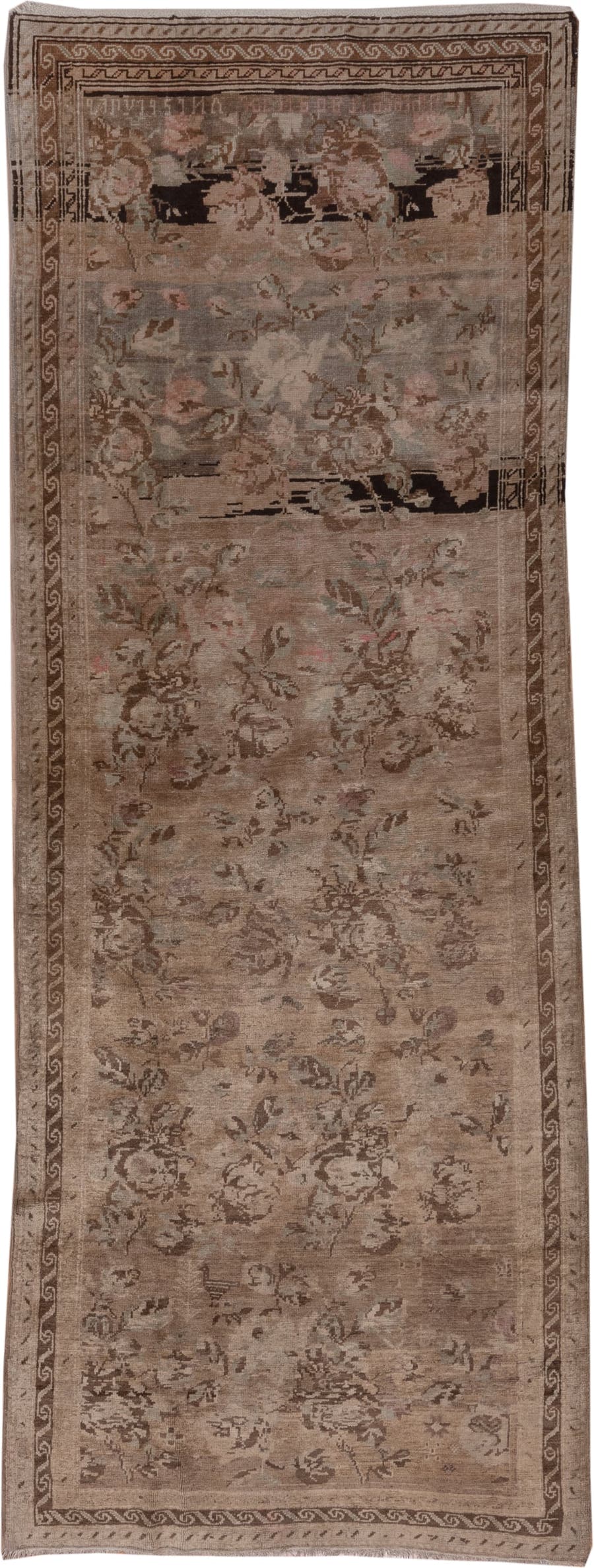 9' x 12' one-of-a-kind handmade vintage Agra large size rug. Color palette: taupe, brown, rose, dusty pink, beige, sage