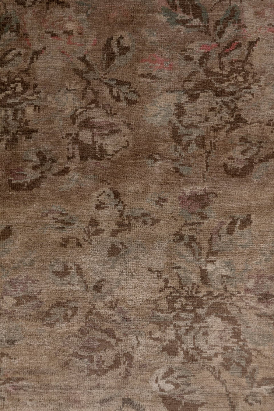 9' x 12' one-of-a-kind handmade vintage Agra large size rug. Color palette: taupe, brown, rose, dusty pink, beige, sage