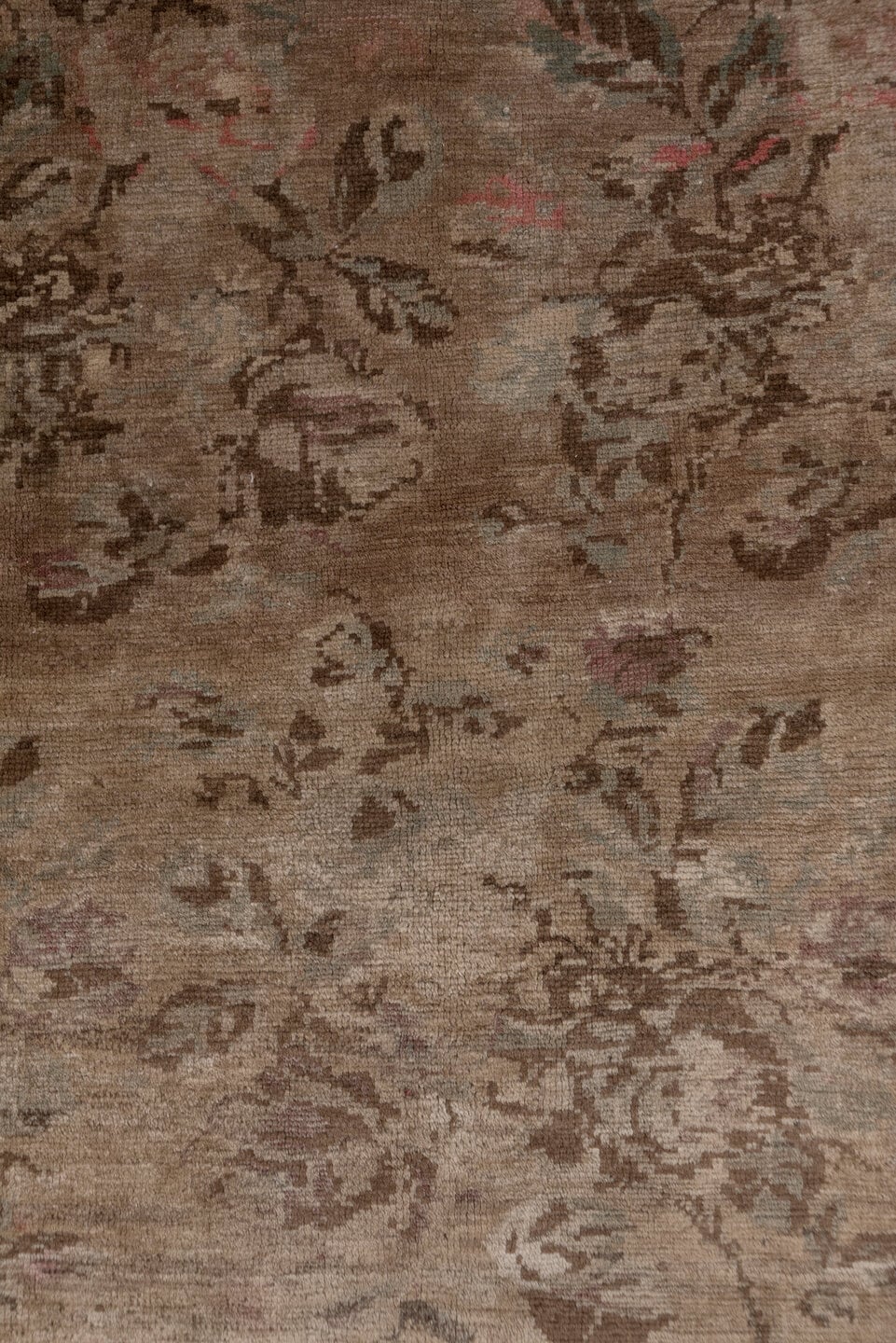 9' x 12' one-of-a-kind handmade vintage Agra large size rug. Color palette: taupe, brown, rose, dusty pink, beige, sage