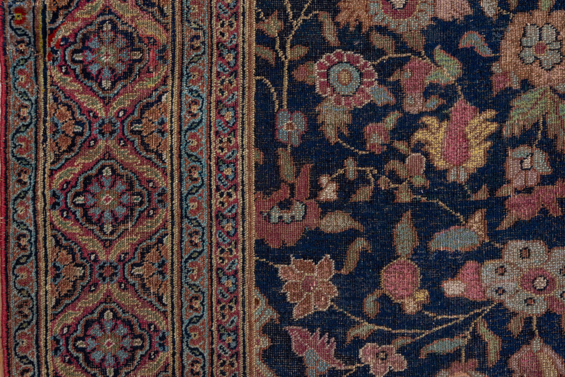 7' x 16' one-of-a-kind handmade vintage Khorassan rug. Color palette: navy, rose, ivory, rust, gold, camel, burgundy, slate