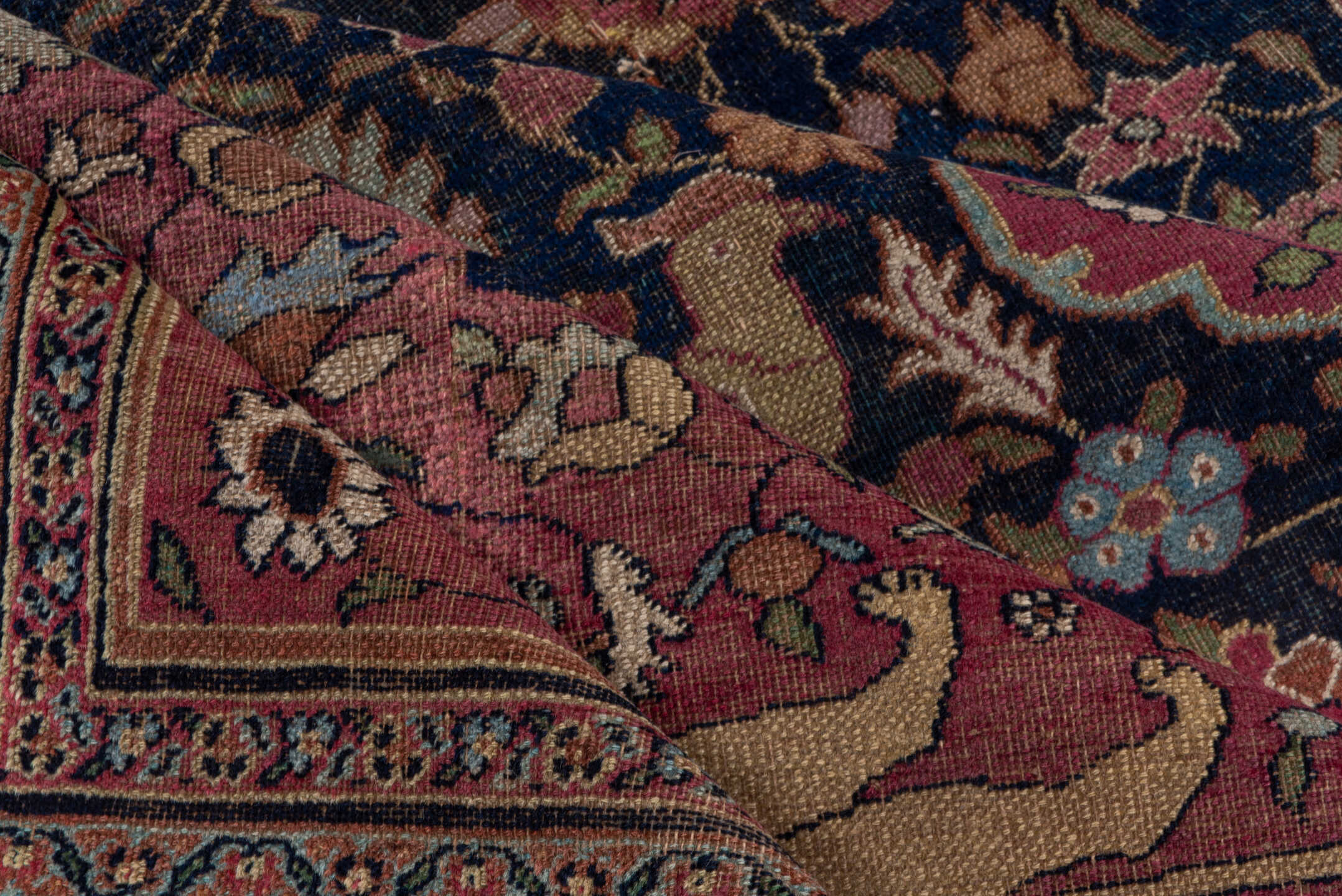 7' x 16' one-of-a-kind handmade vintage Khorassan rug. Color palette: navy, rose, ivory, rust, gold, camel, burgundy, slate
