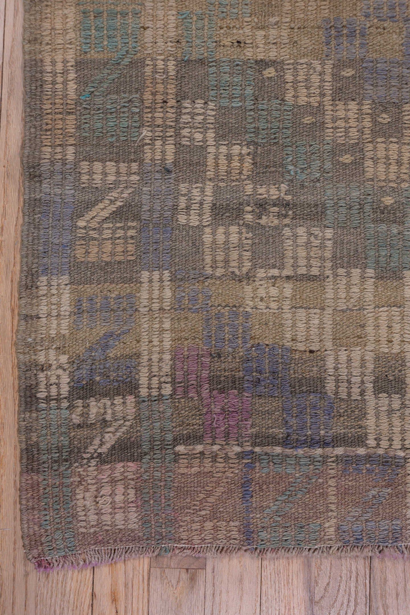 6' x 8' one-of-a-kind handmade vintage Jijim medium size rug. Color palette: taupe, beige, lavender, slate, teal, gray