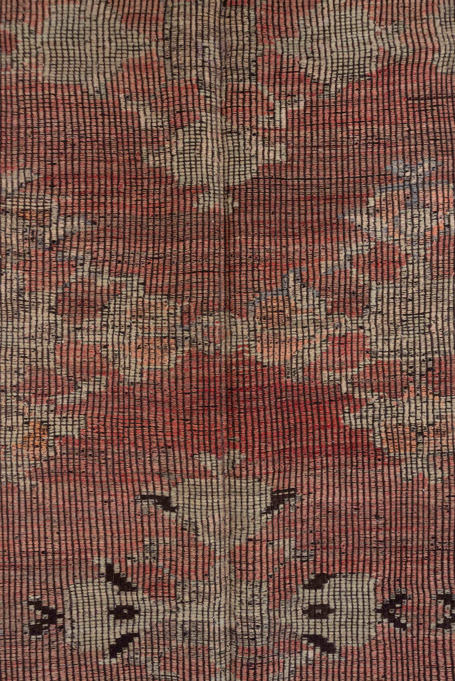6' x 8' one-of-a-kind handmade vintage Jijim medium size rug. Color palette: rose, ivory, charcoal, dusty coral, taupe, pink