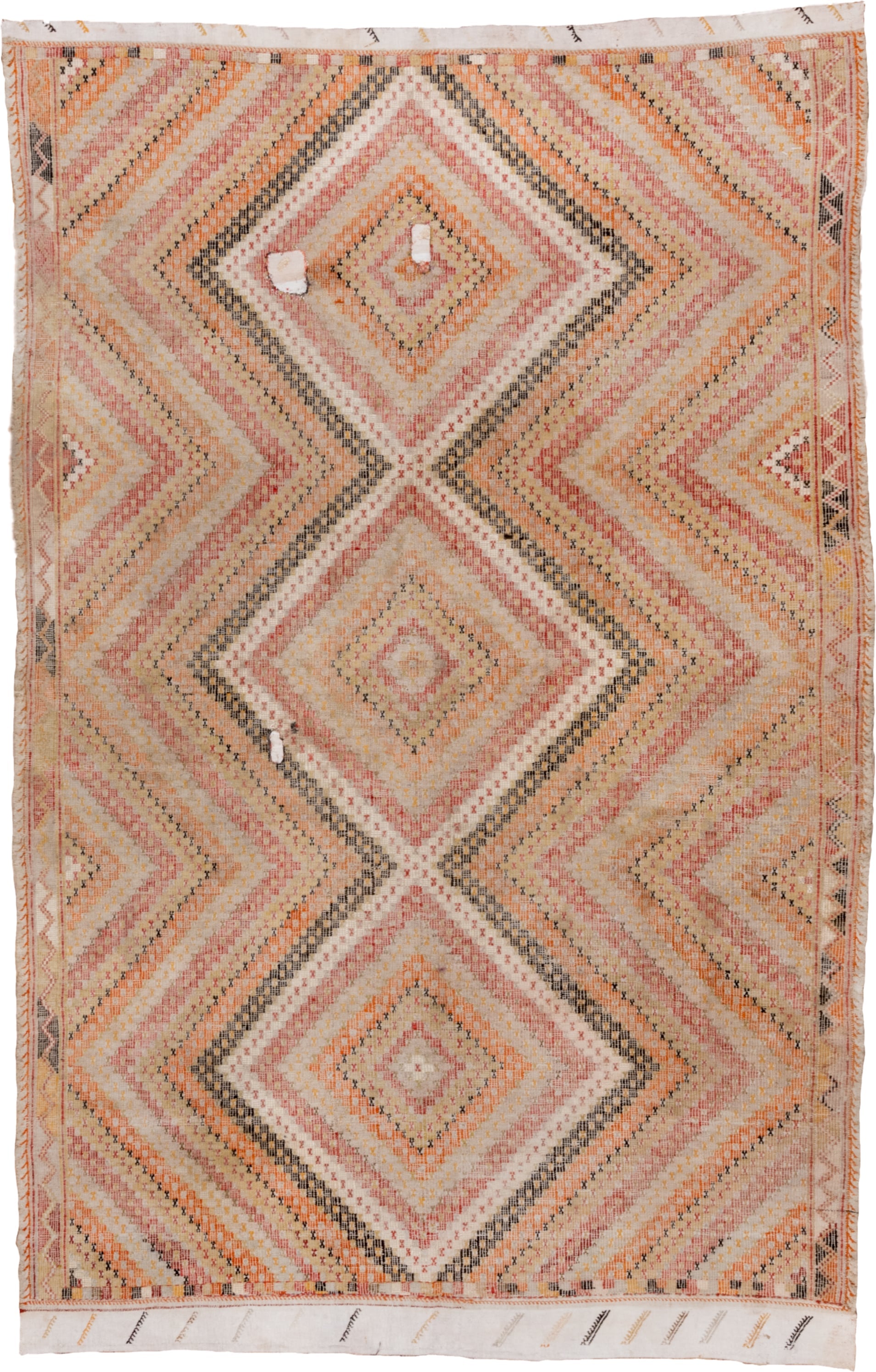 5' x 8' one-of-a-kind handmade vintage Jijim medium size rug. Color palette: ivory, blush, peach, apricot, charcoal, sand