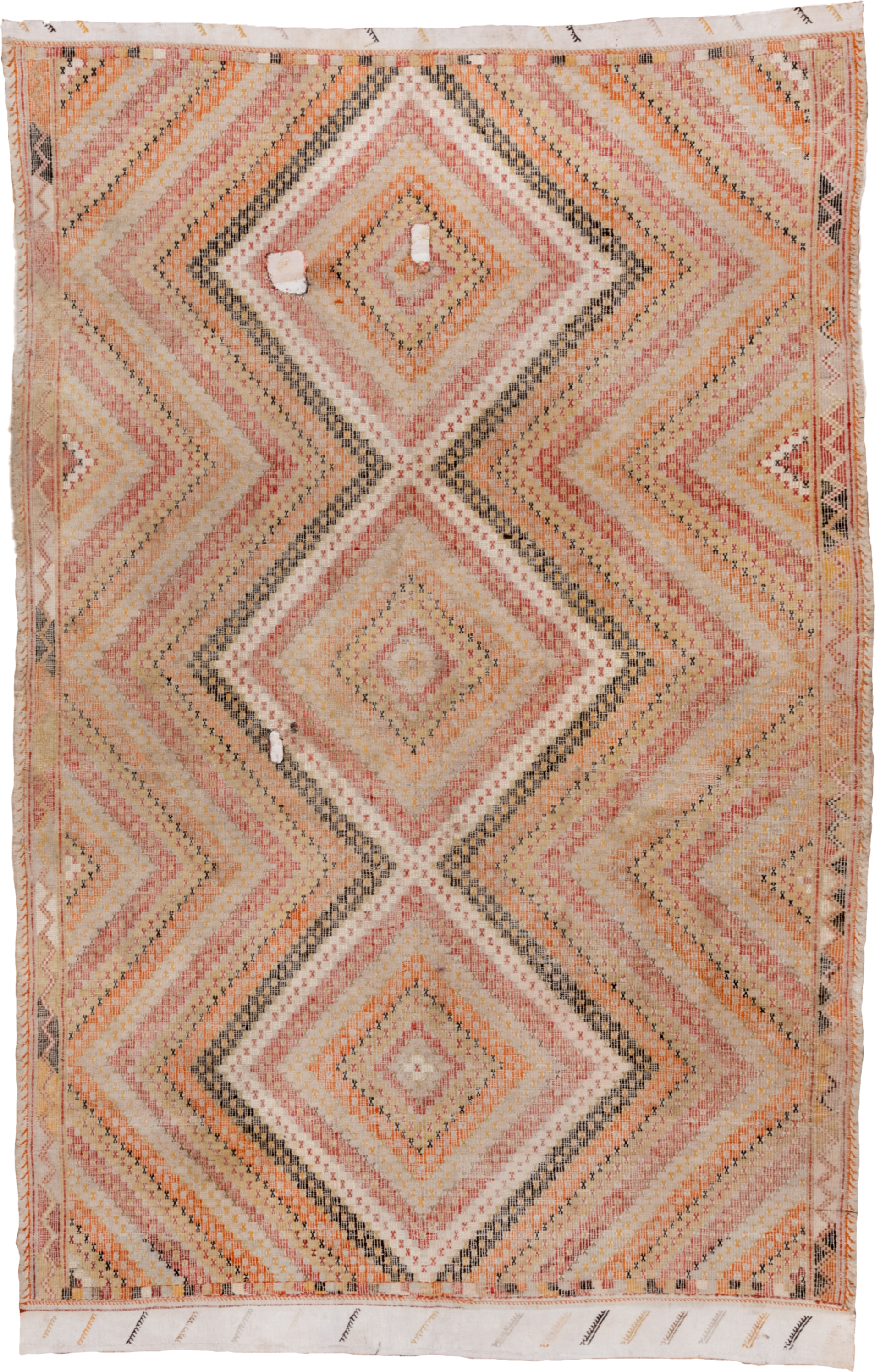 5' x 8' one-of-a-kind handmade vintage Jijim medium size rug. Color palette: ivory, blush, peach, apricot, charcoal, sand