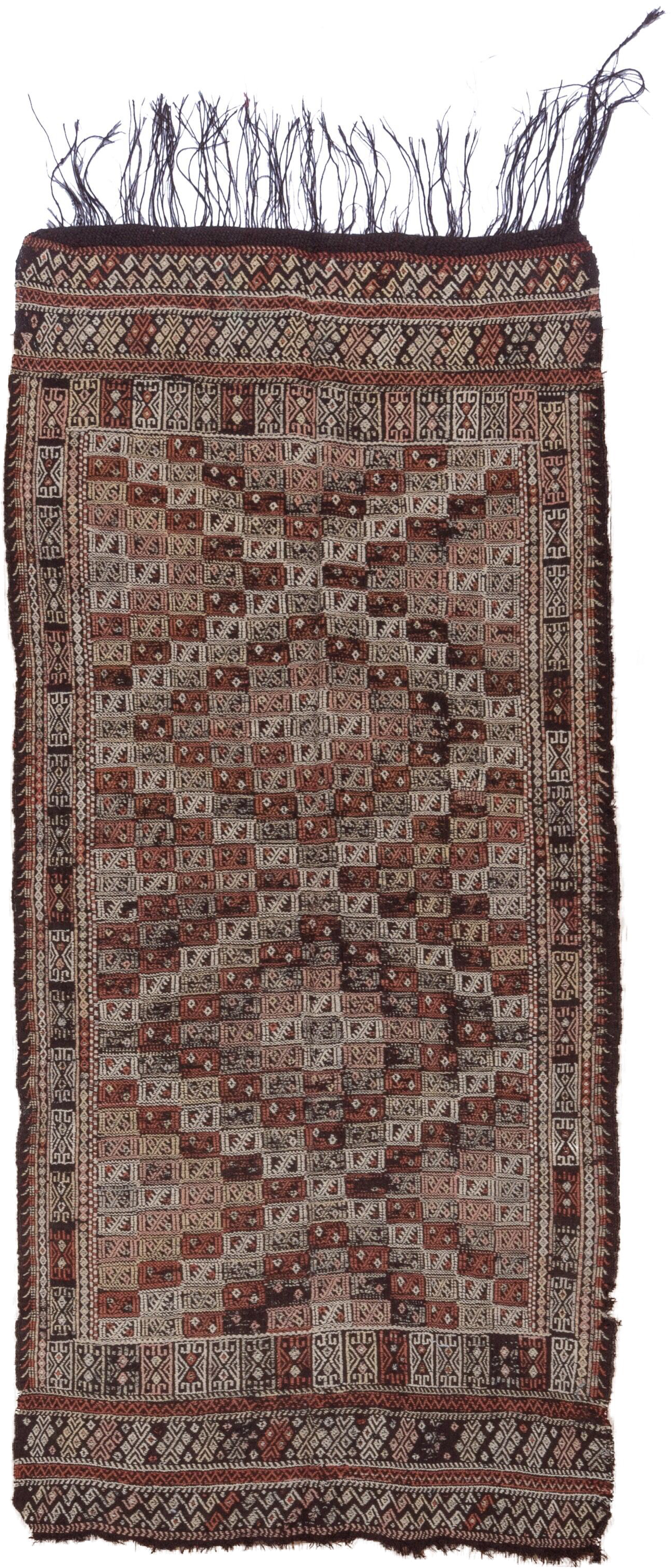 4' x 8' one-of-a-kind handmade vintage Jijim runner rug. Color palette: ivory, rust, charcoal, mahogany, brown, terracotta