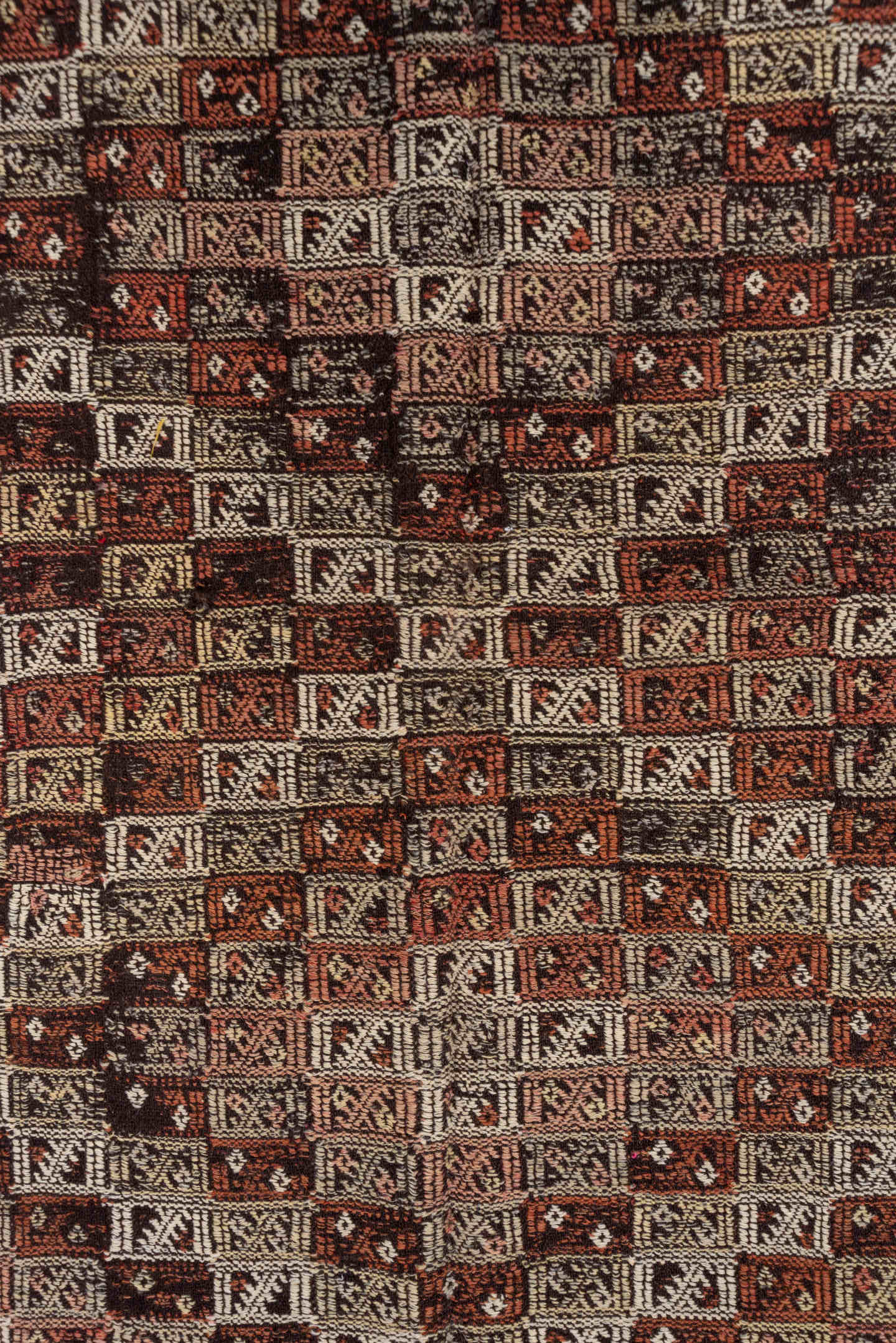 4' x 8' one-of-a-kind handmade vintage Jijim runner rug. Color palette: ivory, rust, charcoal, mahogany, brown, terracotta