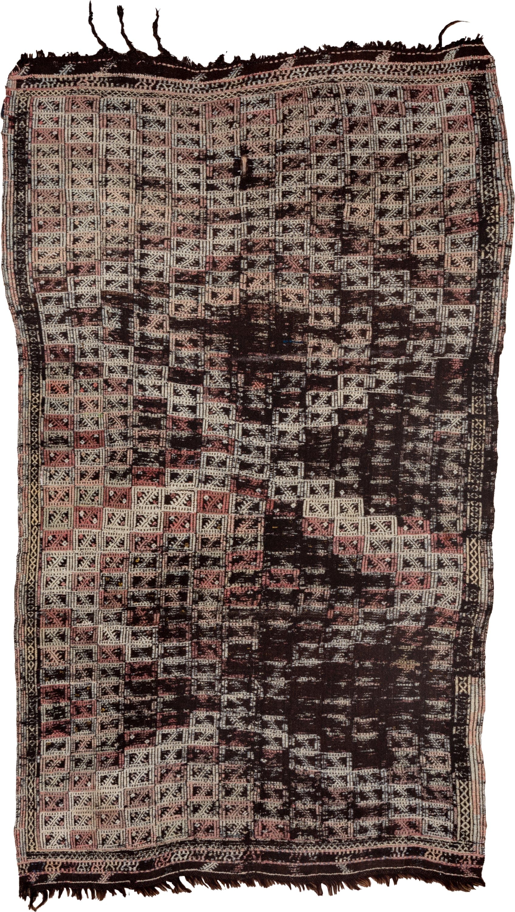 4' x 7' one-of-a-kind handmade vintage Jijim rug. Color palette: dark brown, ivory, rose, taupe, charcoal, brown, pink, red