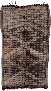 4' x 7' one-of-a-kind handmade vintage Jijim rug. Color palette: dark brown, ivory, rose, taupe, charcoal, brown, pink, red