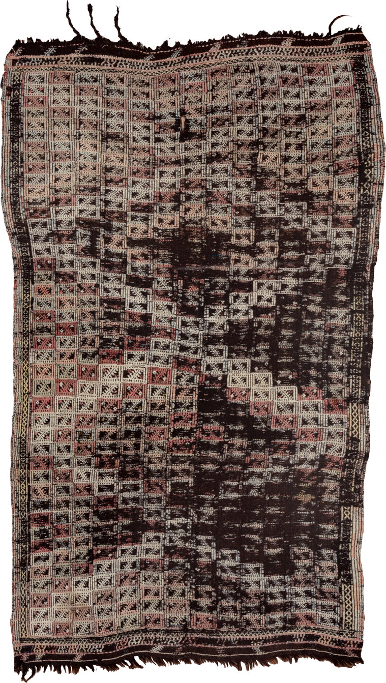 4' x 7' one-of-a-kind handmade vintage Jijim rug. Color palette: dark brown, ivory, rose, taupe, charcoal, brown, pink, red