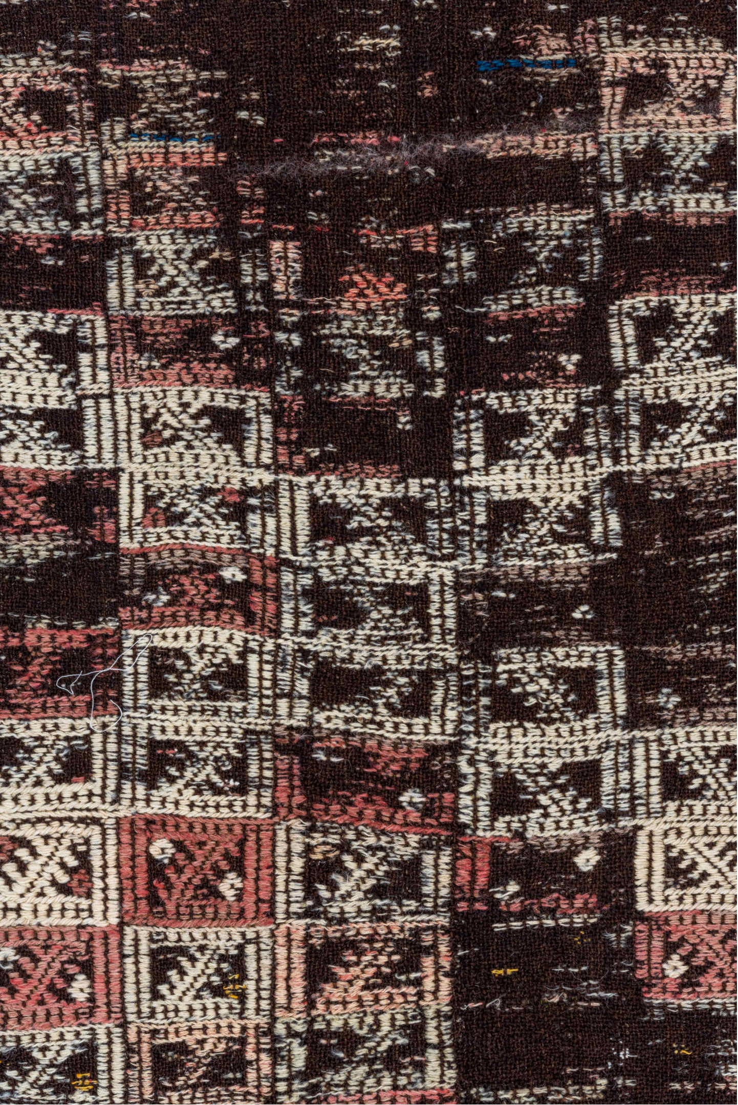 4' x 7' one-of-a-kind handmade vintage Jijim rug. Color palette: dark brown, ivory, rose, taupe, charcoal, brown, pink, red