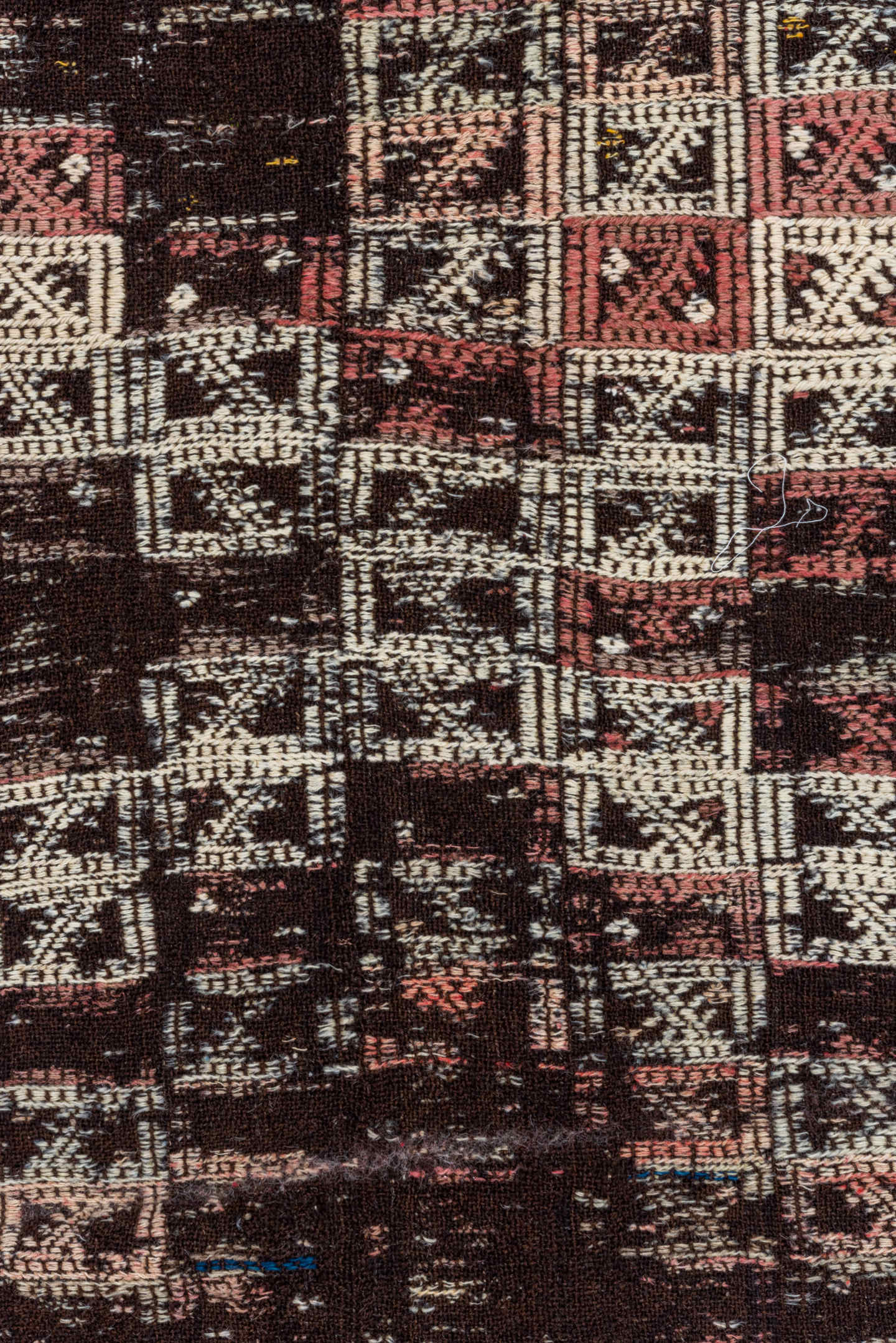 4' x 7' one-of-a-kind handmade vintage Jijim rug. Color palette: dark brown, ivory, rose, taupe, charcoal, brown, pink, red