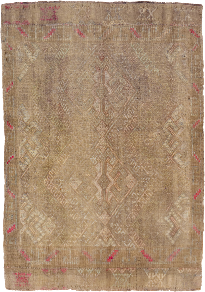 2' x 3' one-of-a-kind handmade vintage Jijim small size rug. Color palette: camel, taupe, ivory, rose, beige, sand, gray