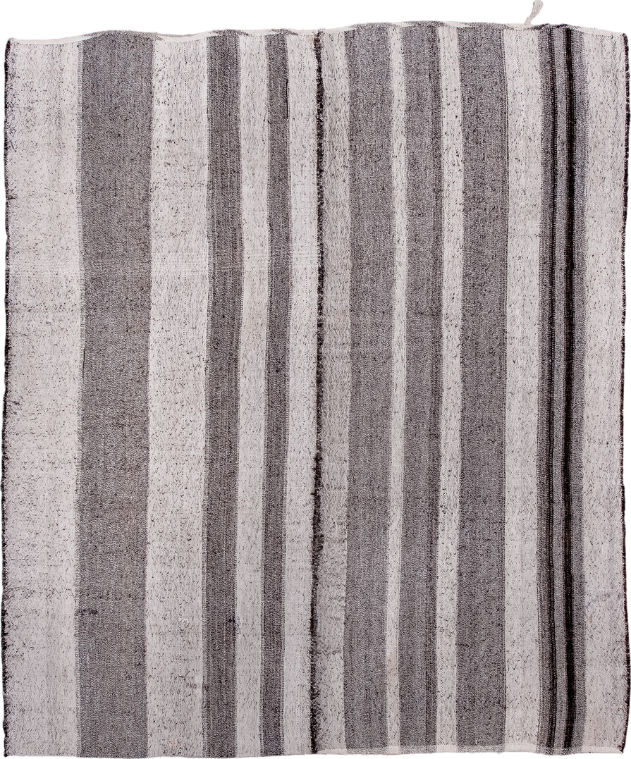 7' x 8' one-of-a-kind handmade vintage Kilim rug. Color palette: ivory, charcoal, taupe, cream, ebony, gray, black, beige