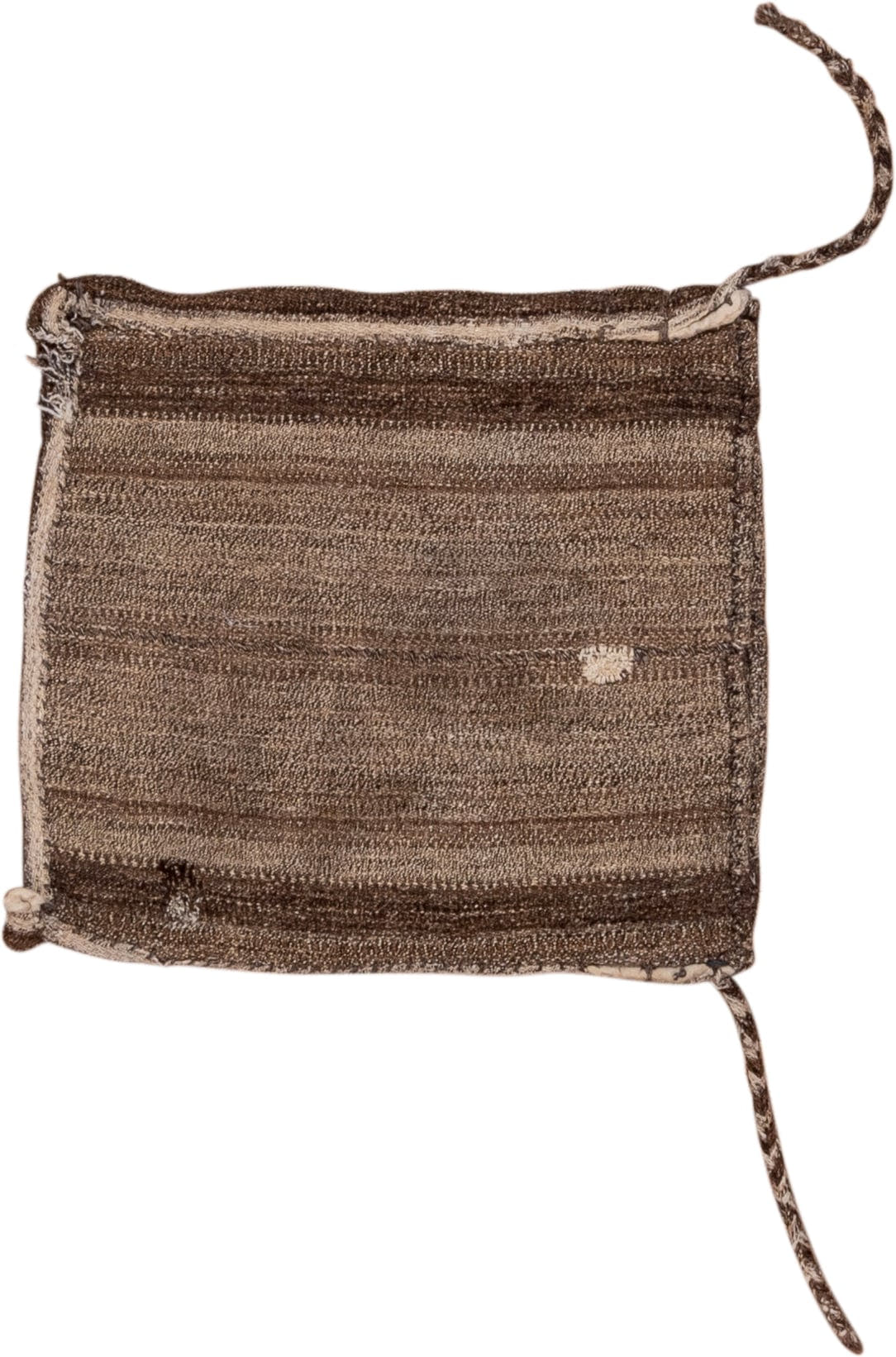2' x 2' one-of-a-kind handmade vintage Grain Bag small size rug. Color palette: brown, taupe, camel, ivory, charcoal, beige