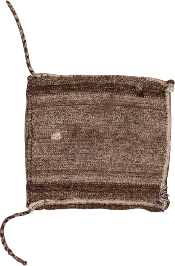 2' x 2' one-of-a-kind handmade vintage Grain Bag small size rug. Color palette: brown, taupe, camel, ivory, charcoal, beige