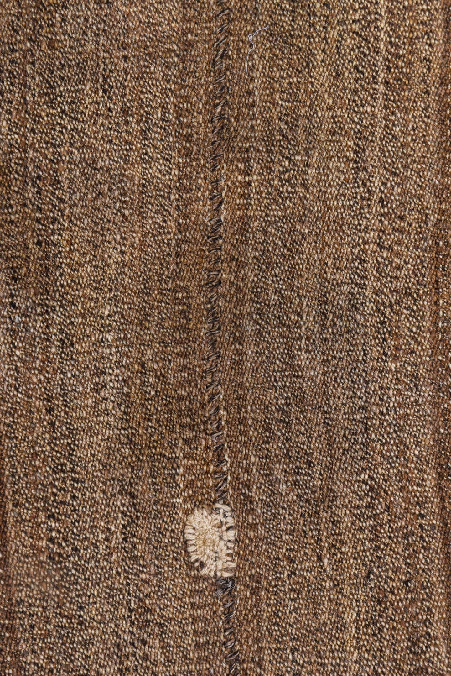 2' x 2' one-of-a-kind handmade vintage Grain Bag small size rug. Color palette: brown, taupe, camel, ivory, charcoal, beige